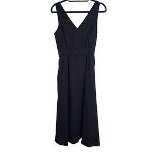 Cynthia Rowley Black Linen VNeck Smocked Waist Midi Dress Size 6 Long Sundress